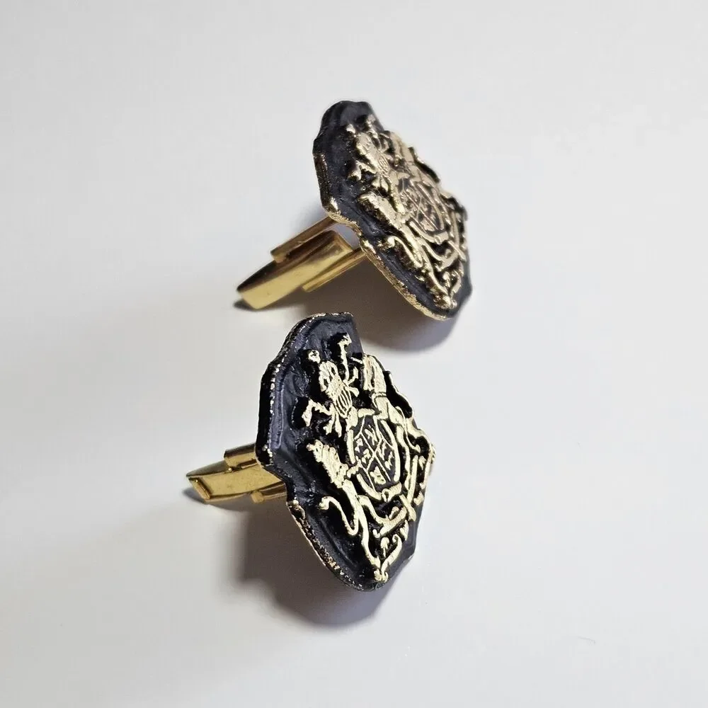 *Sale* Vintage Gold Tone Black Shield Coat Of Arms Family Crest Cuff Links